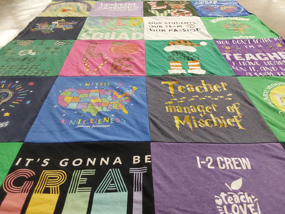 T-shirt quilt with education, autism awareness themes by Kimberly from IL