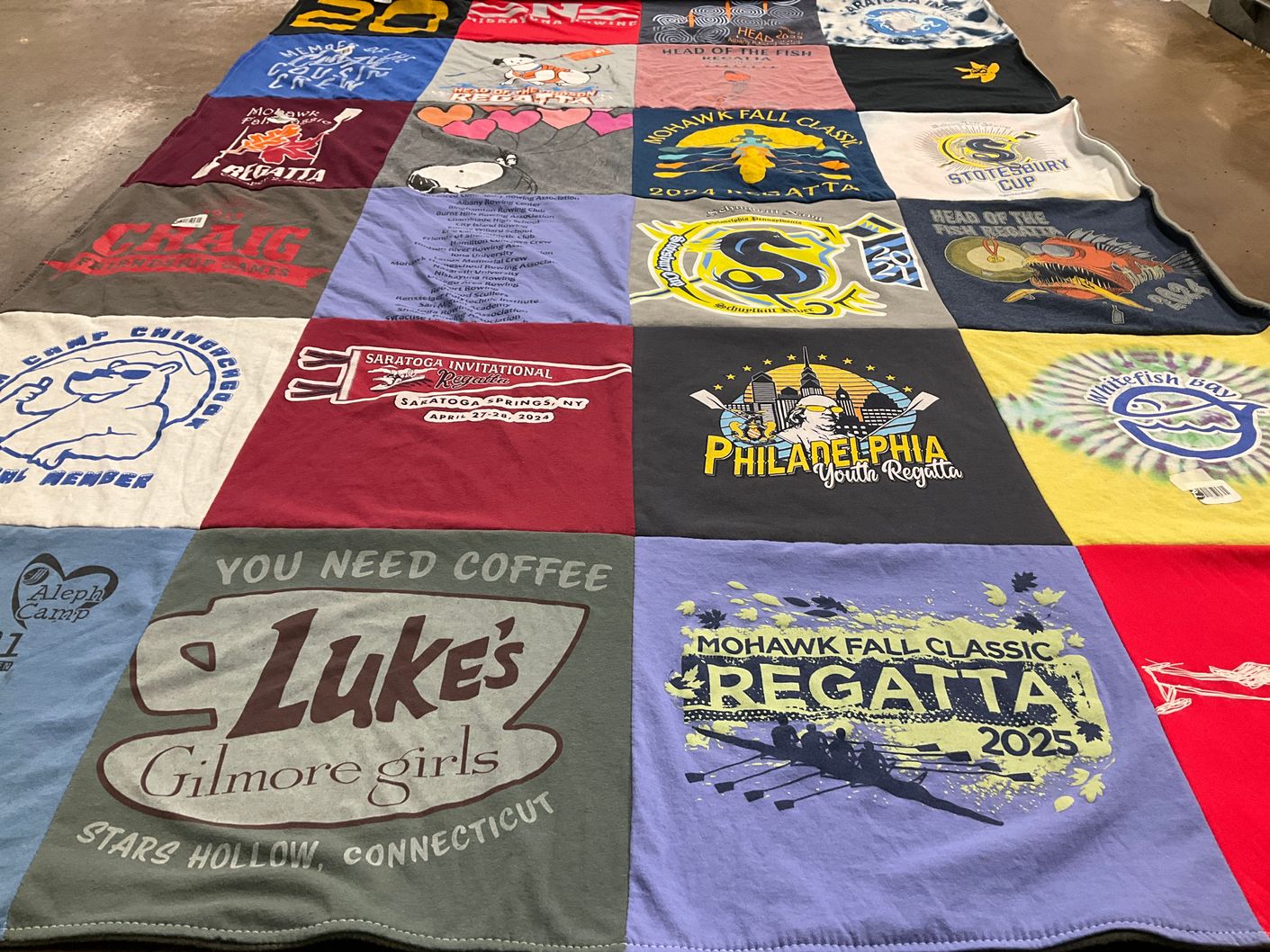 T-shirt quilt with rowing, camping themes by Anita from NY