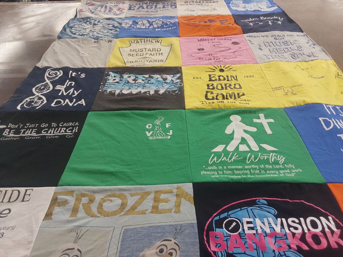 T-shirt quilt with faith, camping themes by Sarah from PA
