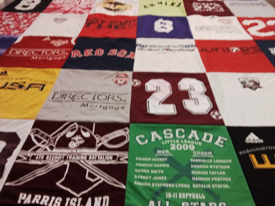T-shirt quilt with sports, softball themes by Sabrina from WA