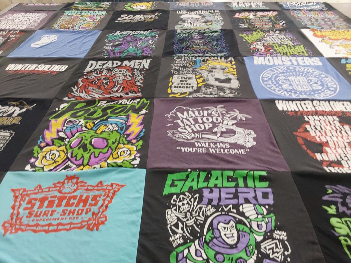 T-shirt quilt with tattoos, surfing themes by Charity from CA