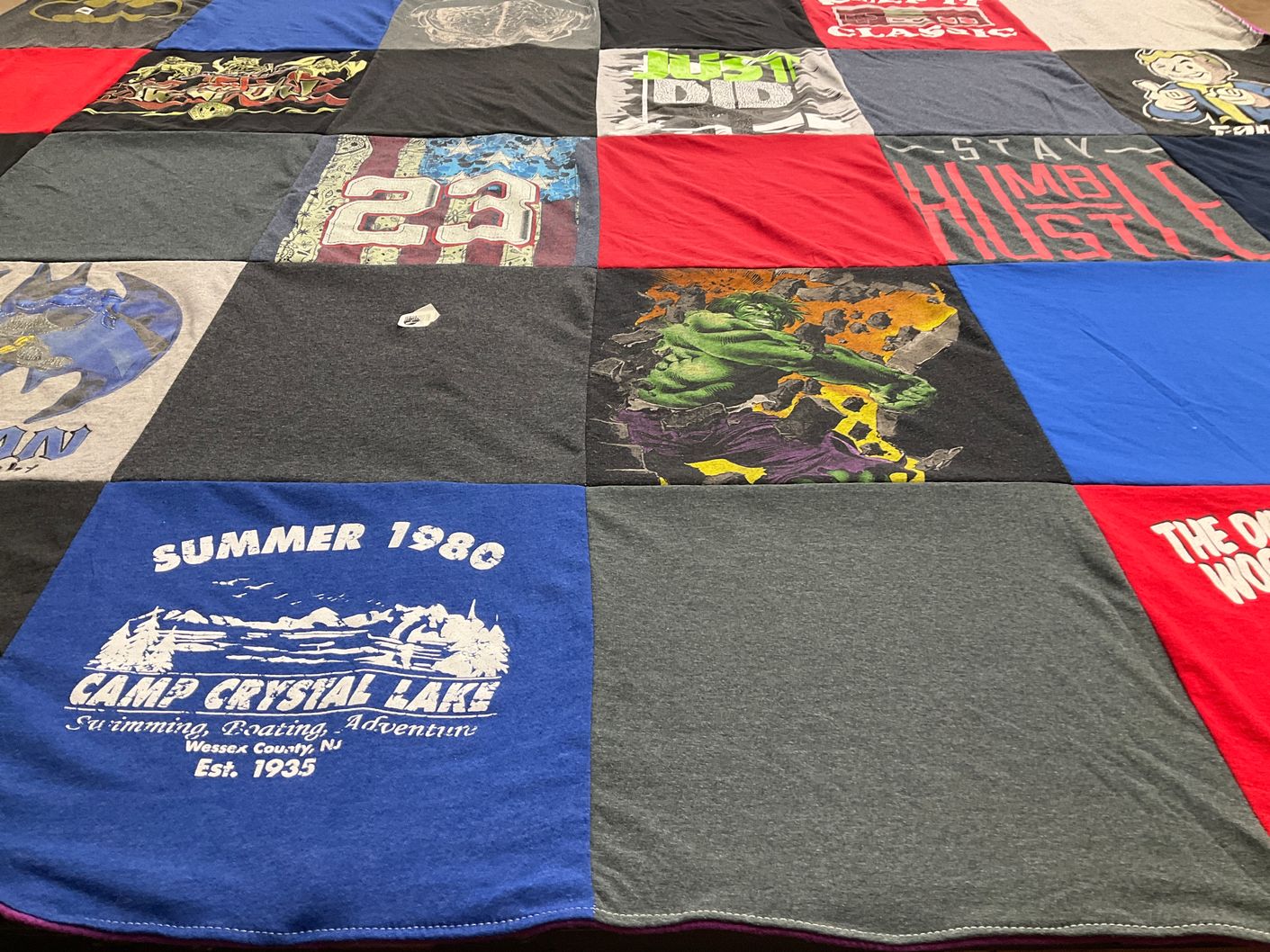 T-shirt quilt with camping, adventure themes by Barbara from KY