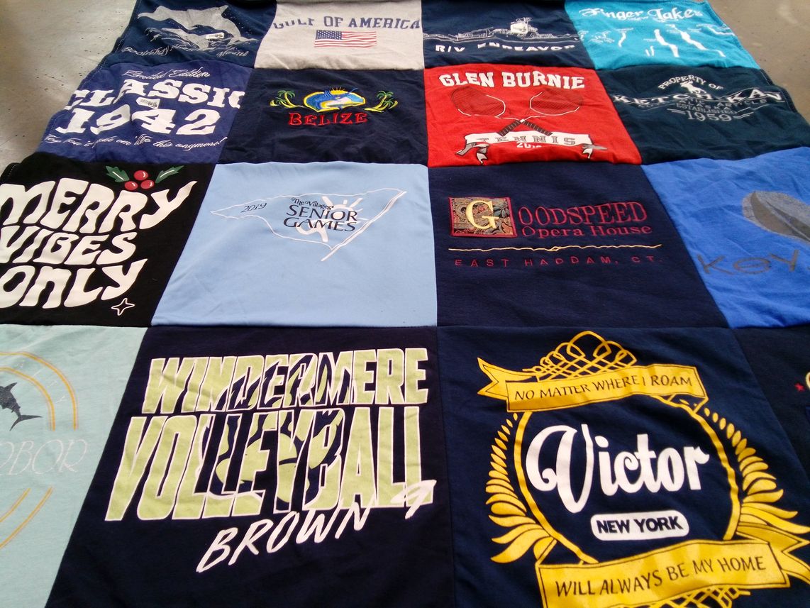 T-shirt quilt with sports, theater themes by Donald from FL
