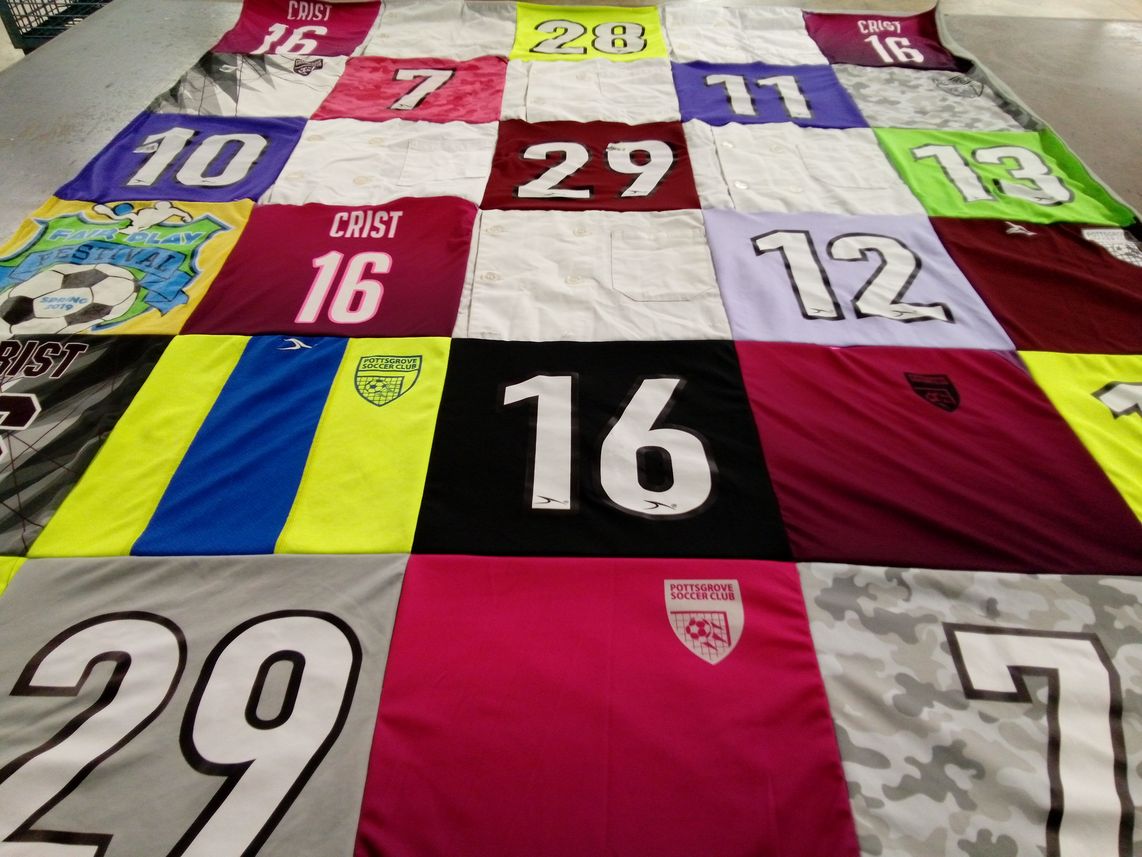 T-shirt quilt with soccer, sports themes by Kelley from PA