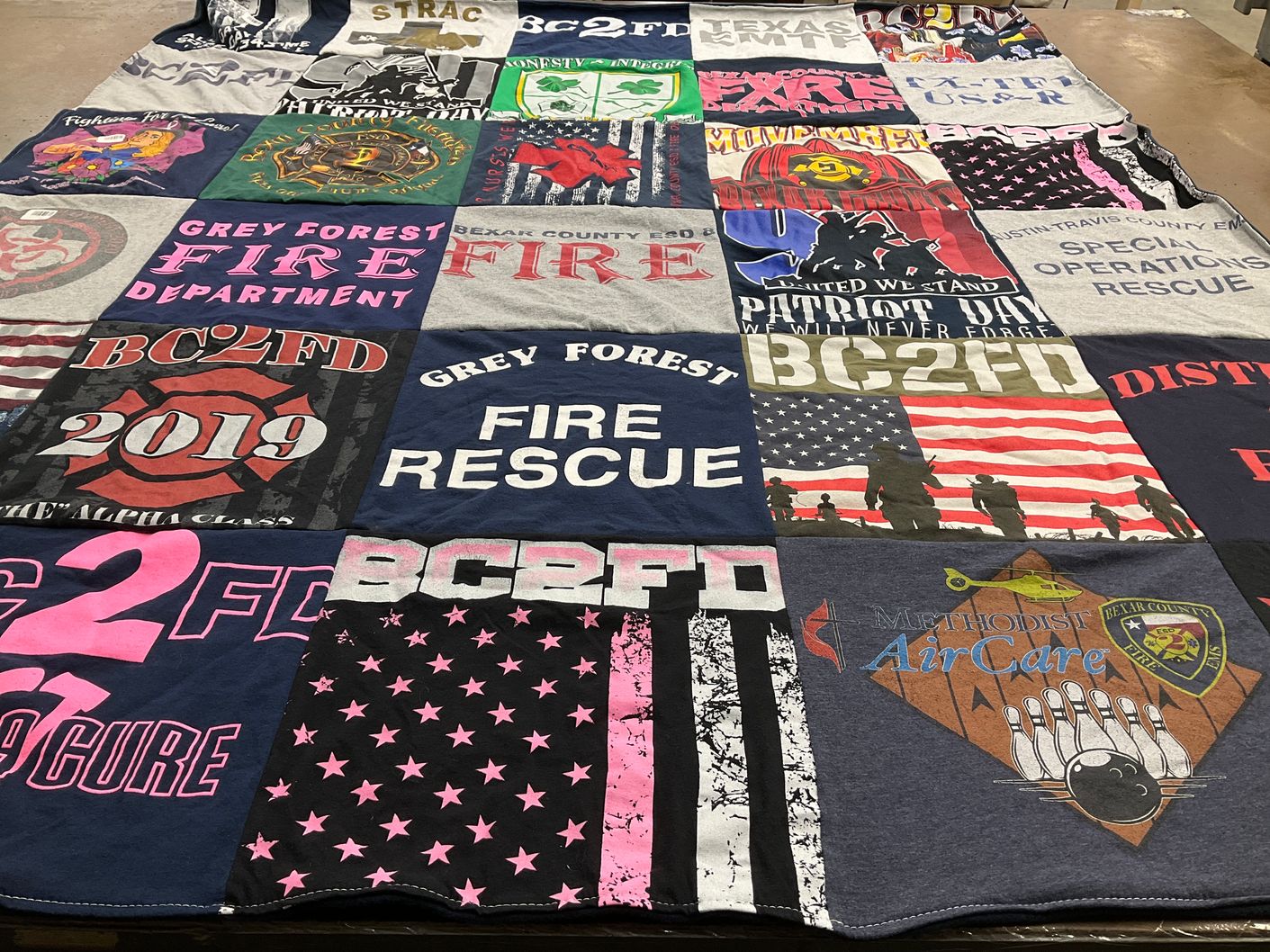 T-shirt quilt with firefighting, emergency services themes by Chillon from TX