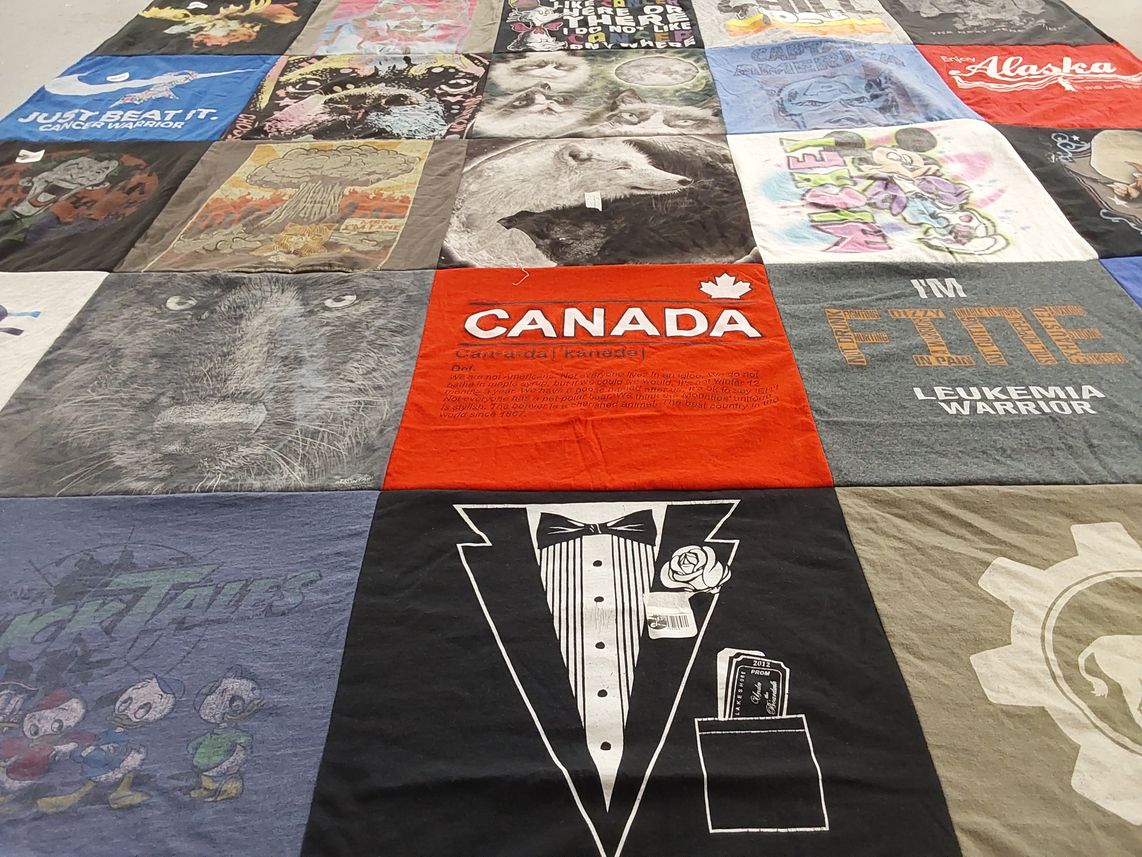 T-shirt quilt with cancer awareness, leukemia awareness themes by Kimberly from MI