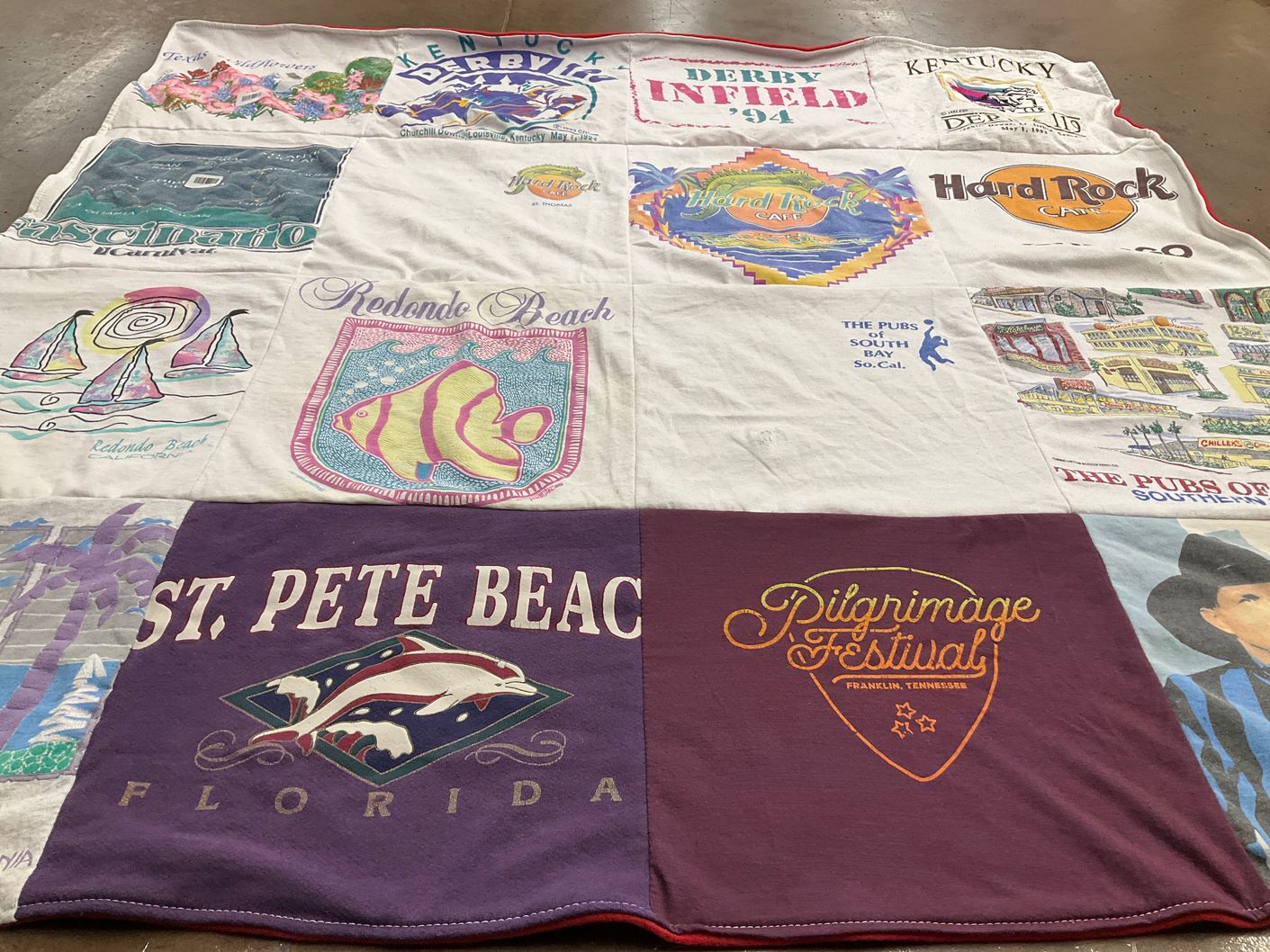 T-shirt quilt with travel, beaches themes by Paula from LA