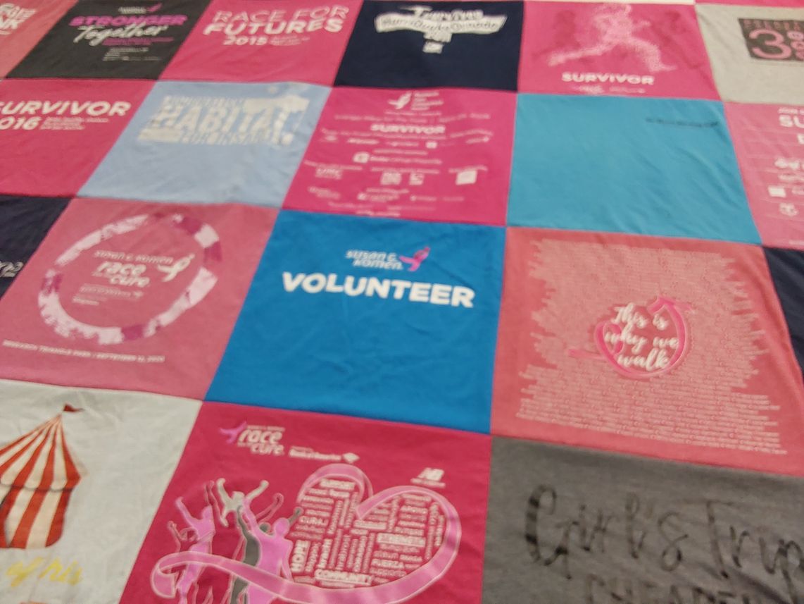 T-shirt quilt with supporting, cancer themes by Jodi from NC