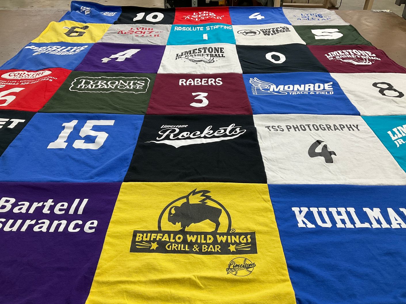 T-shirt quilt featuring limestone rockets by Bobbi from IL