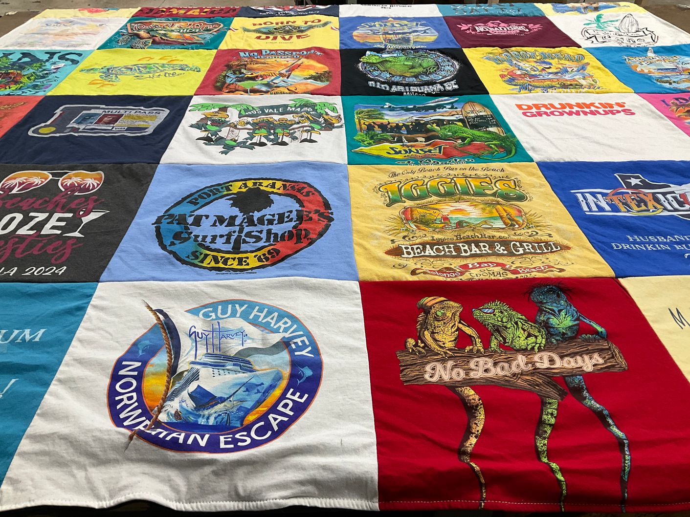 T-shirt quilt with beach life, surfing themes by Stacey from TX