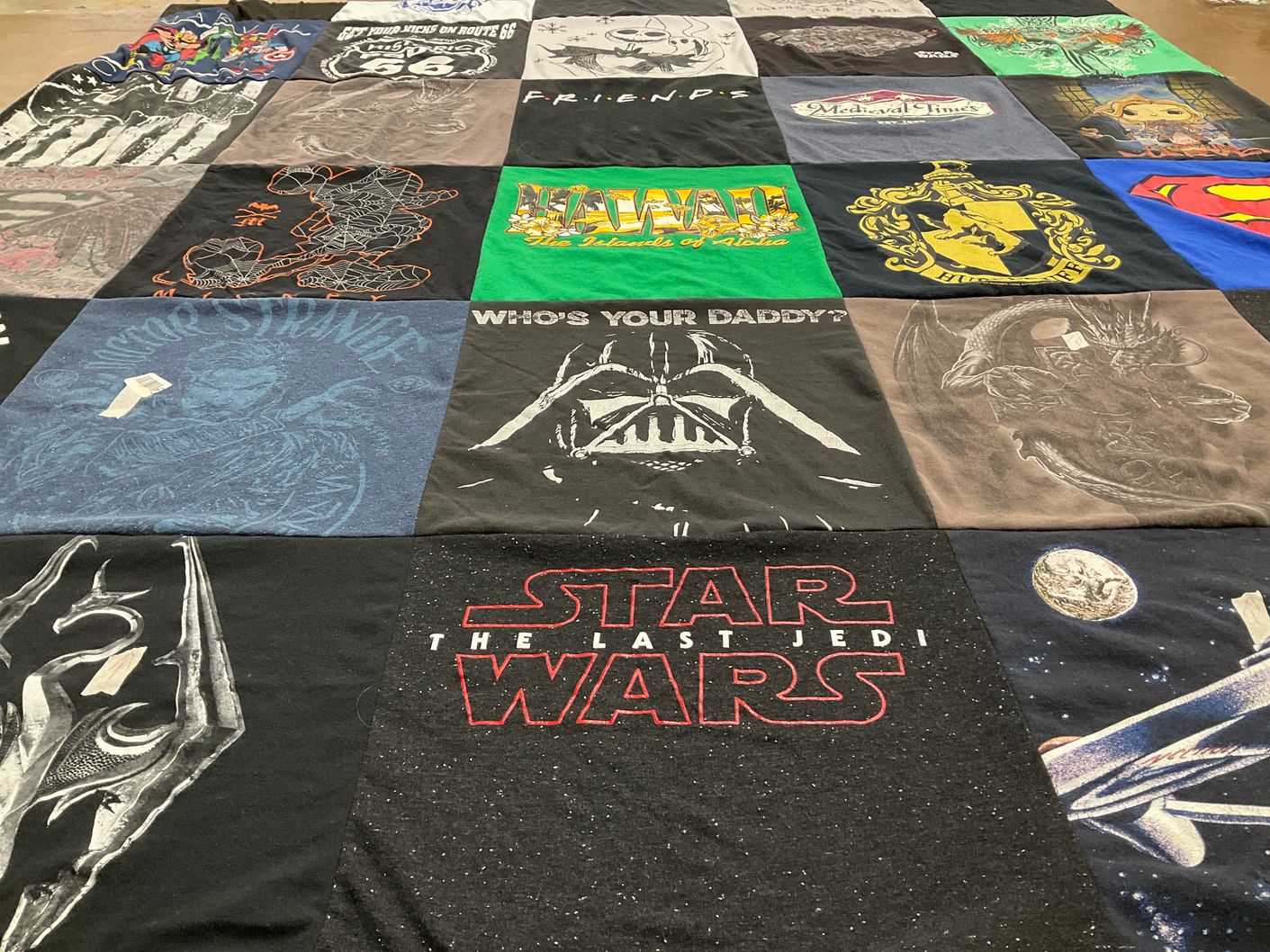 T-shirt quilt with movies, tv shows themes by Joanne from AZ