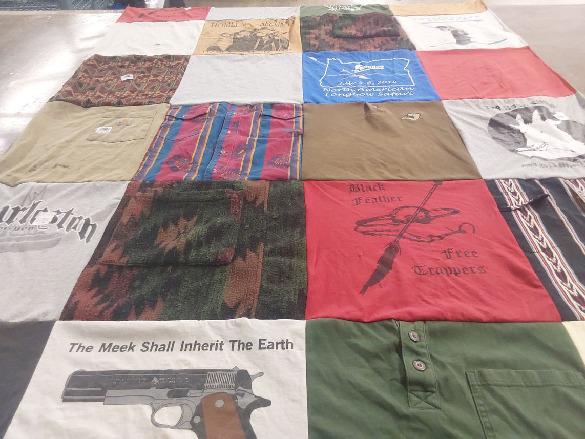 T-shirt quilt with hunting, outdoors themes by Marian from OR