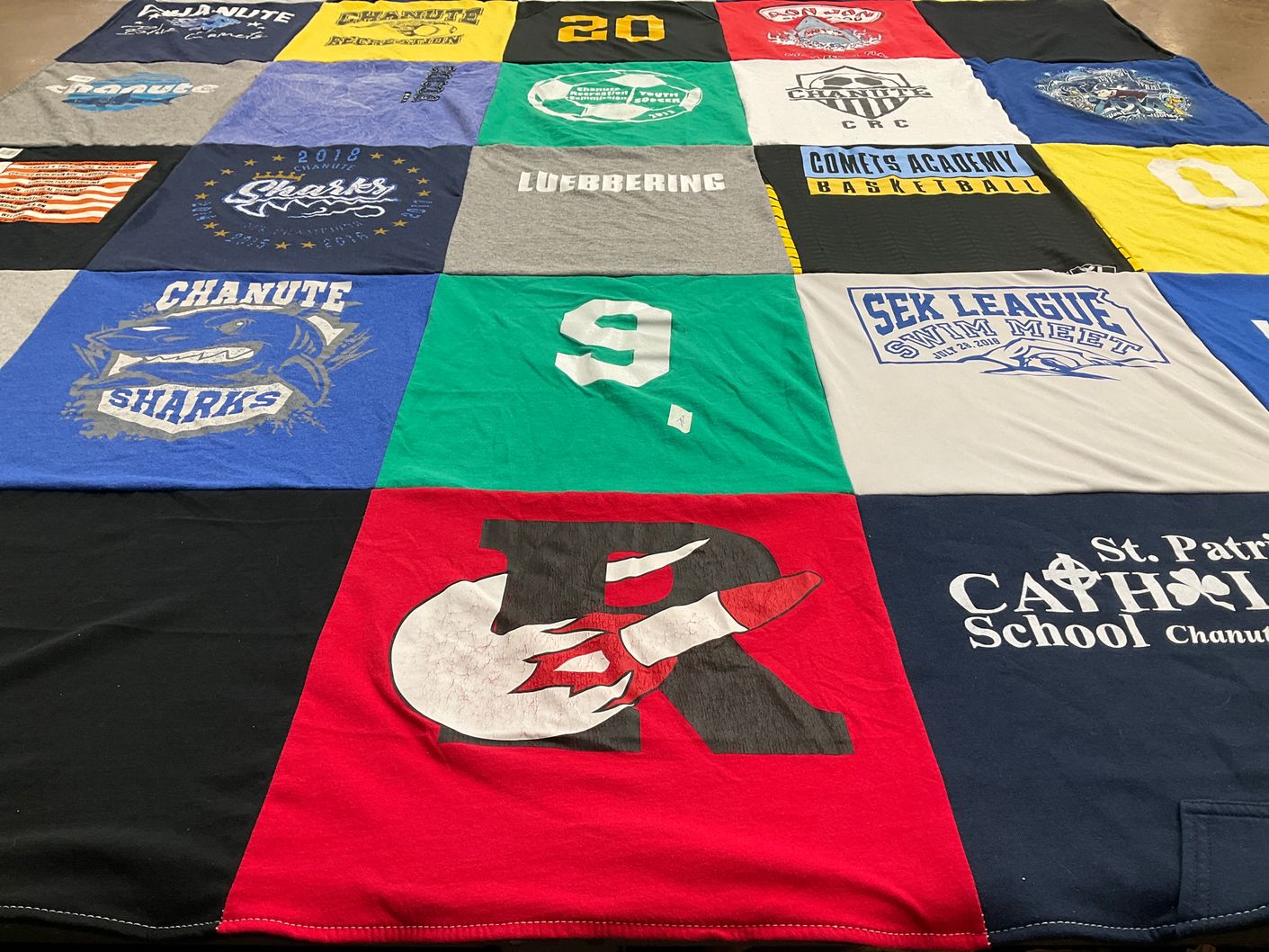 T-shirt quilt featuring chanute sharks by Kim from KS
