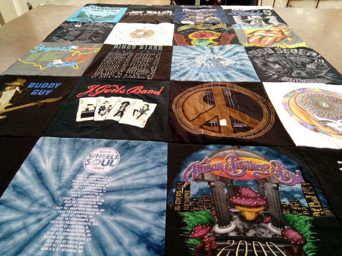 T-shirt quilt with music, concerts themes by Jean from MI