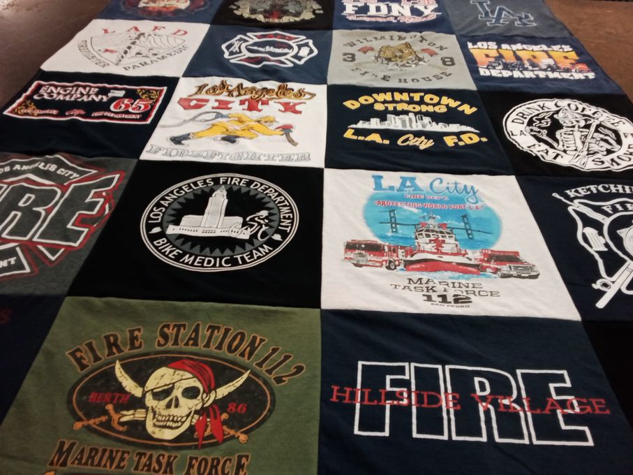 T-shirt quilt with firefighting, emergency services themes by Joaquin from CA
