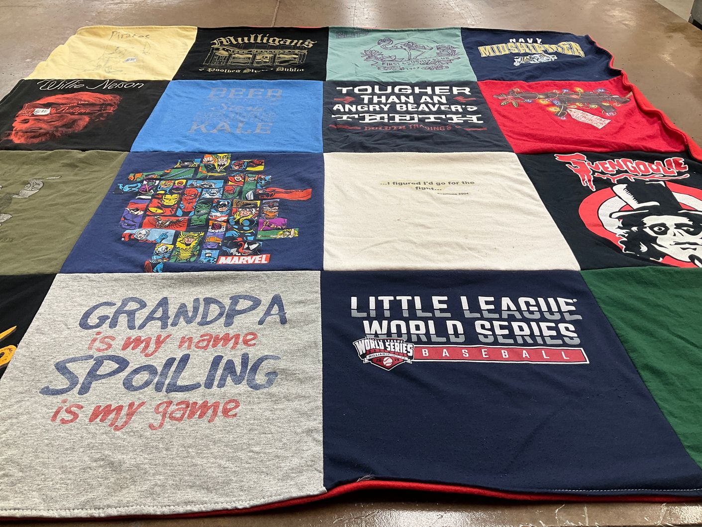 T-shirt quilt with baseball, comics themes by Elizabeth from NY