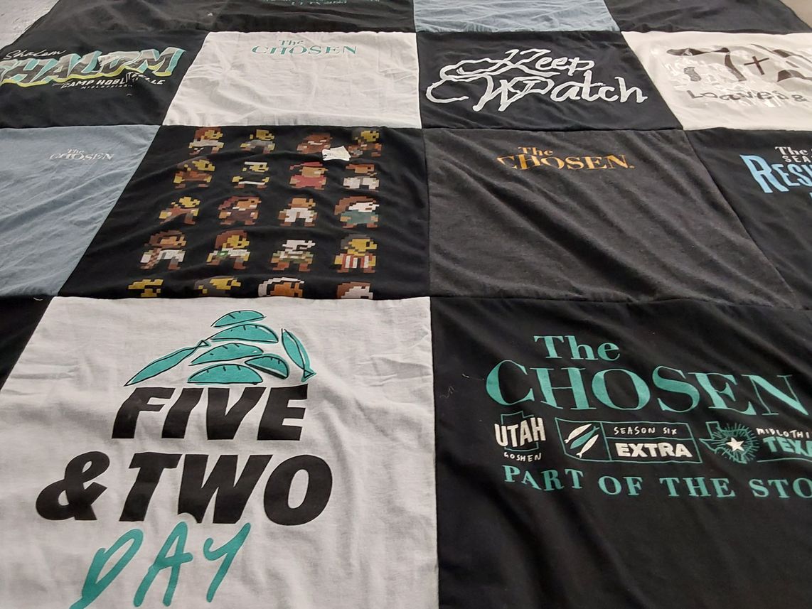 T-shirt quilt with television, media themes by Julie from GA