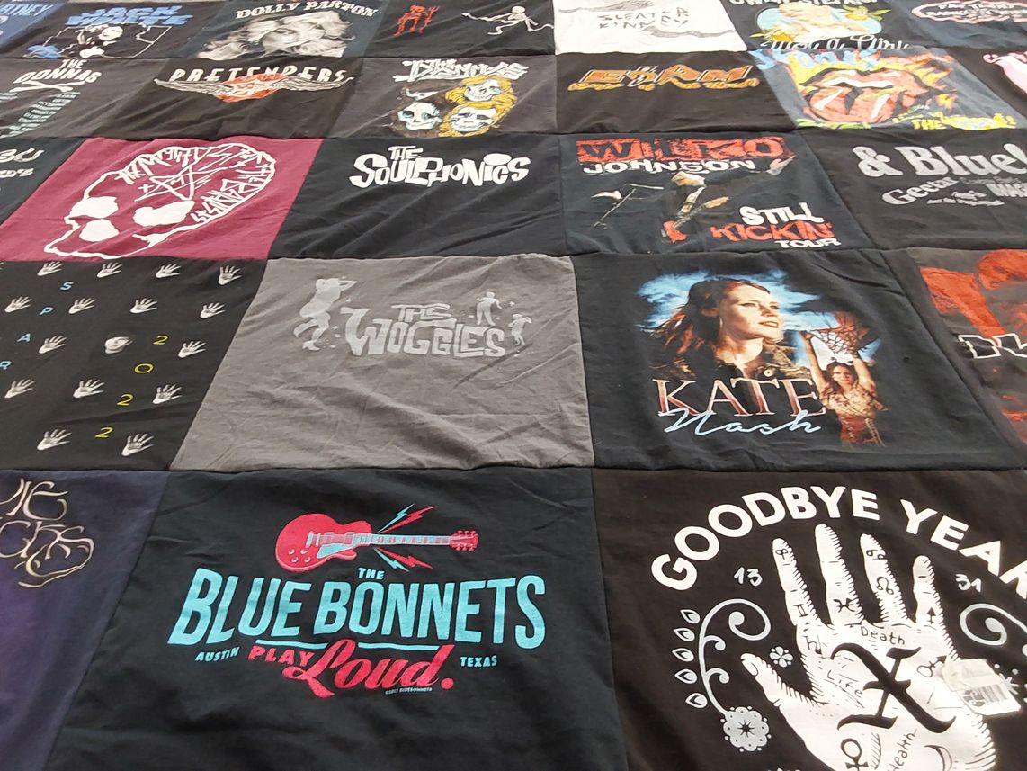 T-shirt quilt with music, bands themes by Michele from TX