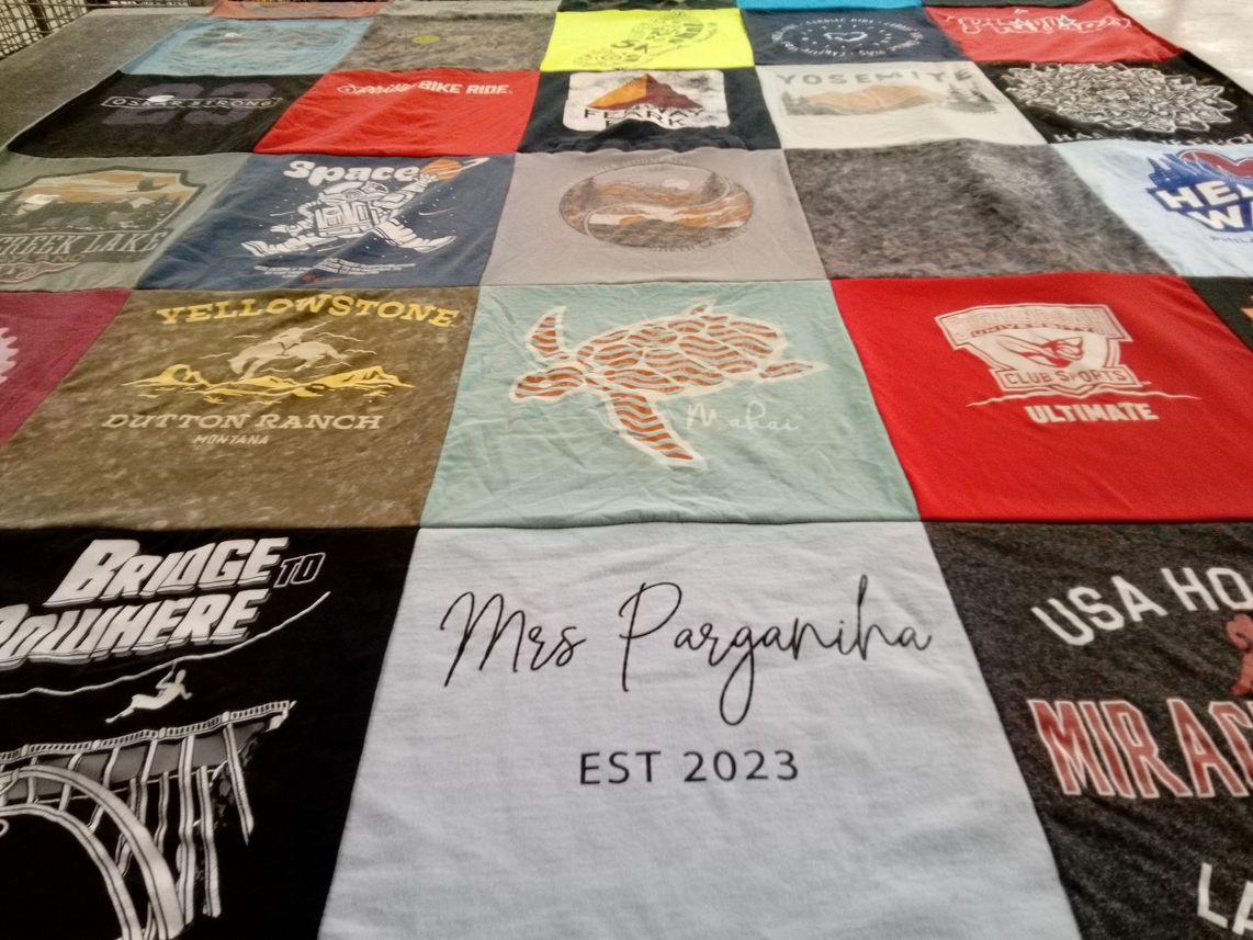 T-shirt quilt with travel, outdoor activities themes by Elizabeth from PA