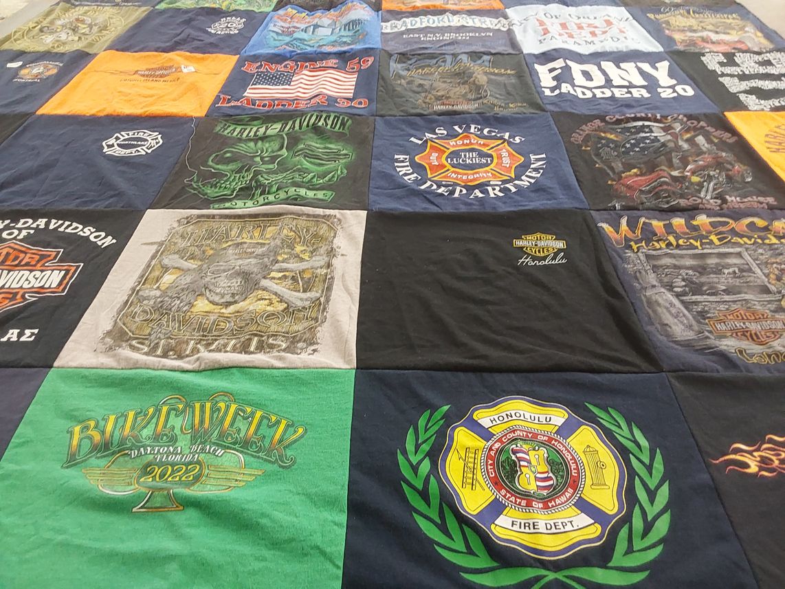 T-shirt quilt with motorcycles, firefighting themes by Mark from FL
