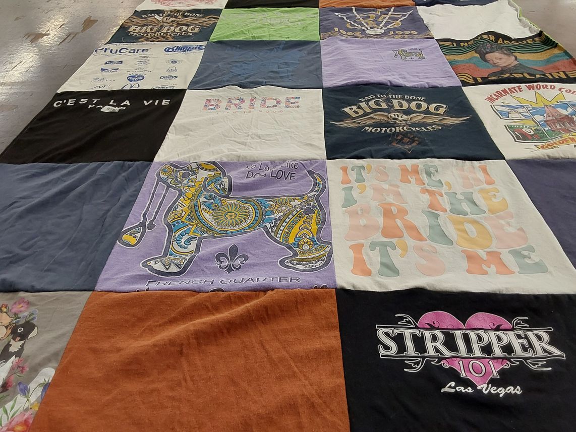 T-shirt quilt with motorcycles, wedding themes by Mary from TX