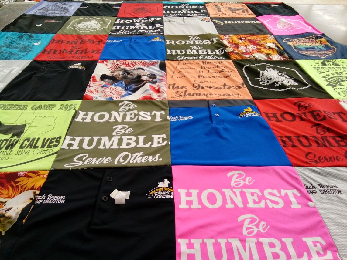 T-shirt quilt with agriculture, animal husbandry themes by Lauren from TX