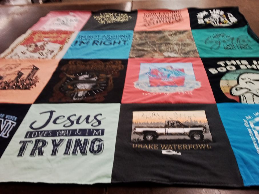 T-shirt quilt with christianity, hunting themes by Rachel from MS