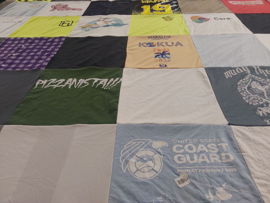 T-shirt quilt with pizza, military themes by Colin from HI