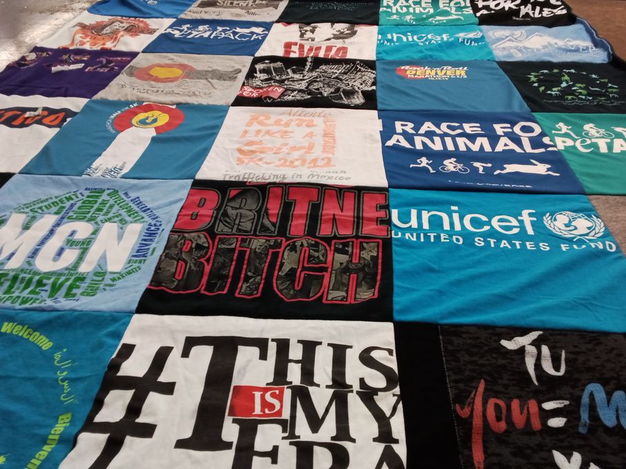 T-shirt quilt with animal rights, student activism themes by Alejandra from CO