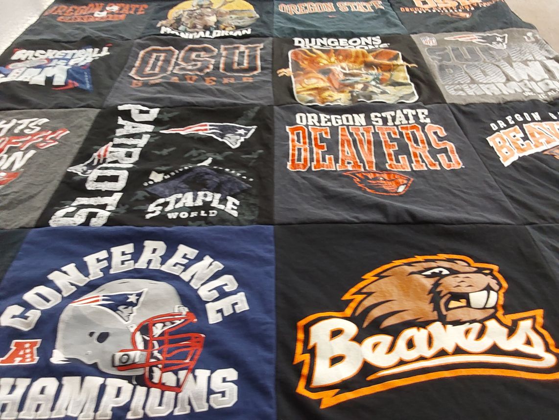 T-shirt quilt featuring oregon state beavers, new england patriots by Cindy from OR