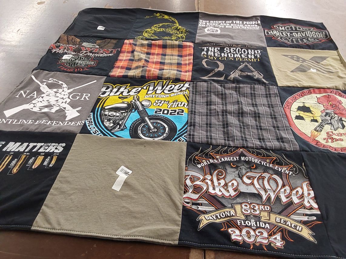 T-shirt quilt with motorcycles, gun rights themes by Allison from FL