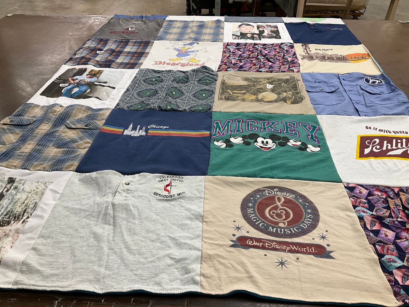 T-shirt quilt with disney, music themes by Gayle from IN