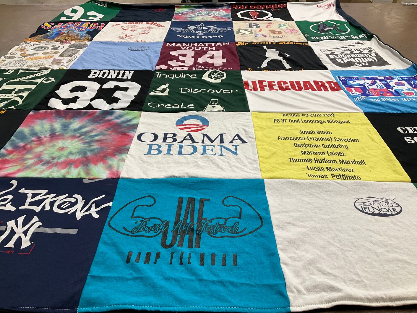 T-shirt quilt with politics, youth development themes by Sara from NY