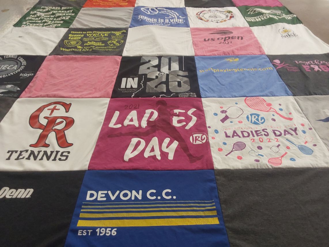 T-shirt quilt with tennis, sport themes by Cathy from IN