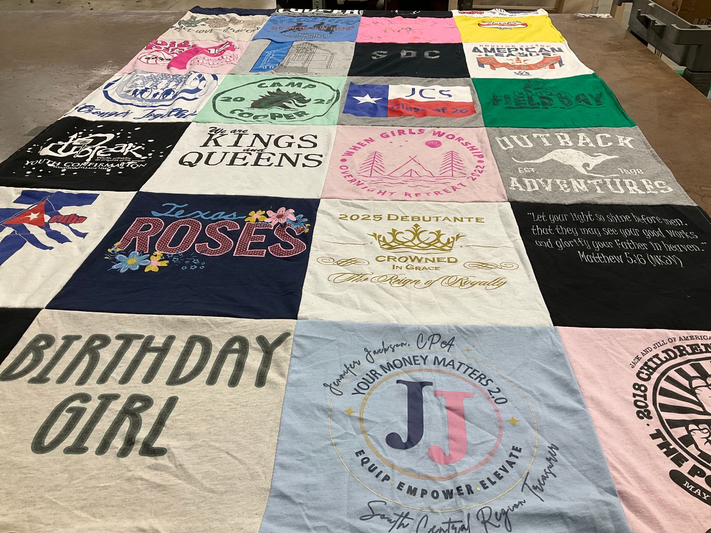 T-shirt quilt with youth activities, adventures themes by Jennifer from TX