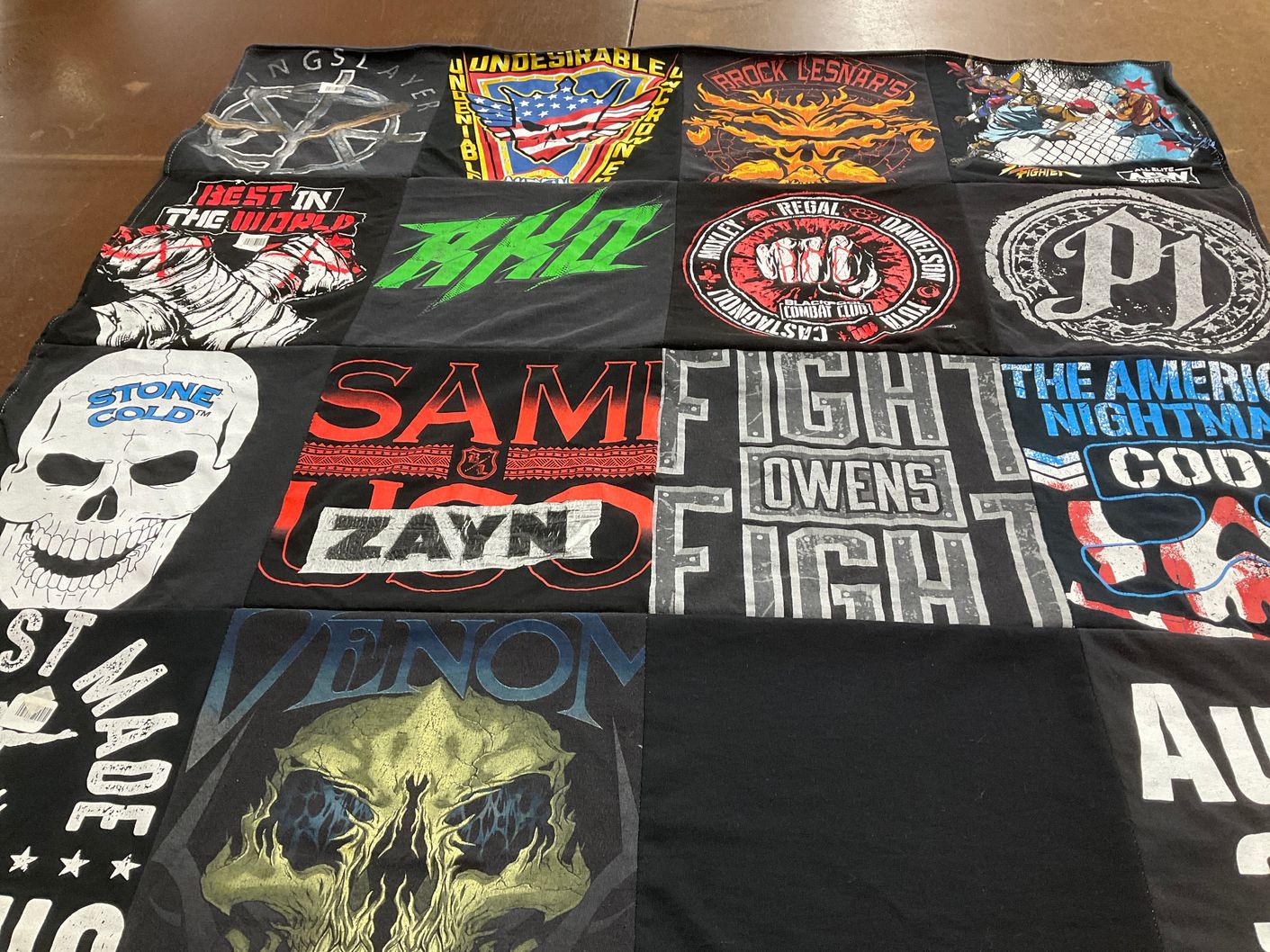 T-shirt quilt with wrestling themes by Cindy from MA