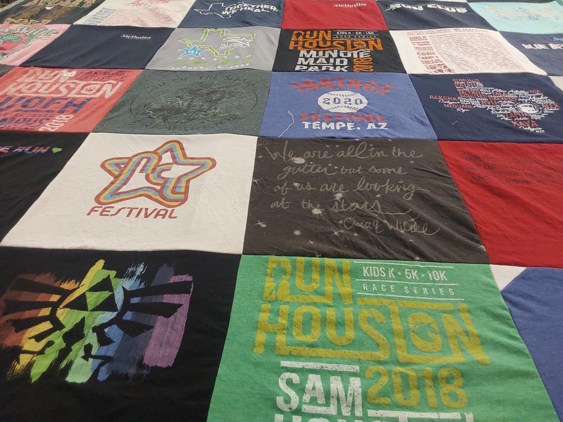 T-shirt quilt with running, sports themes by Shellie from NJ