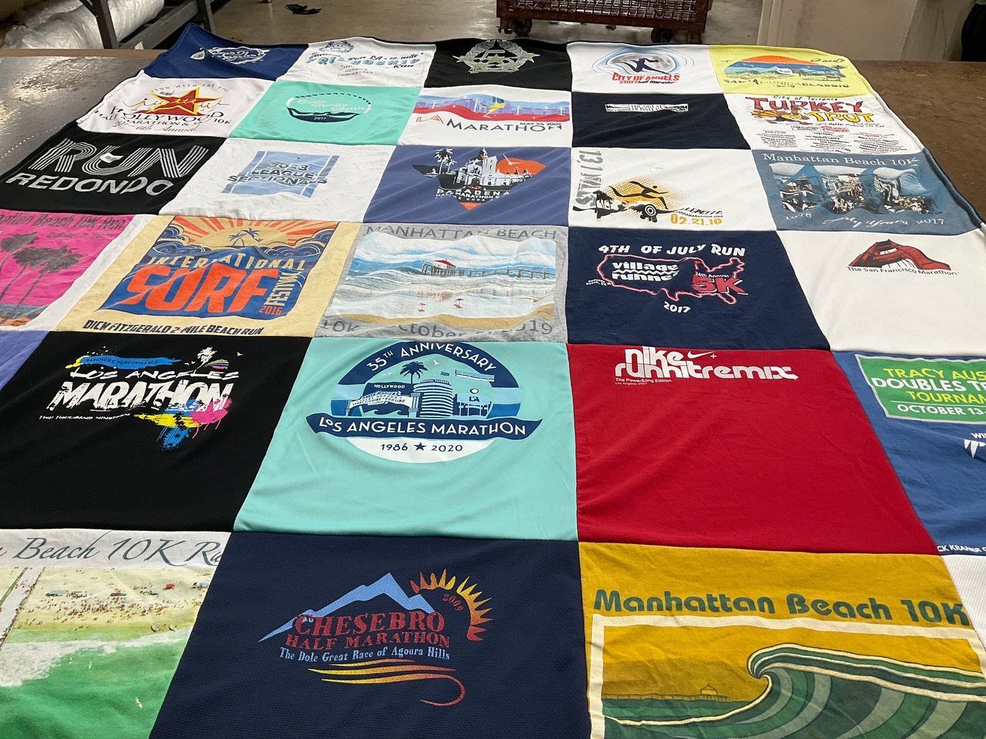 T-shirt quilt with running, marathons themes by Xiomara from CA