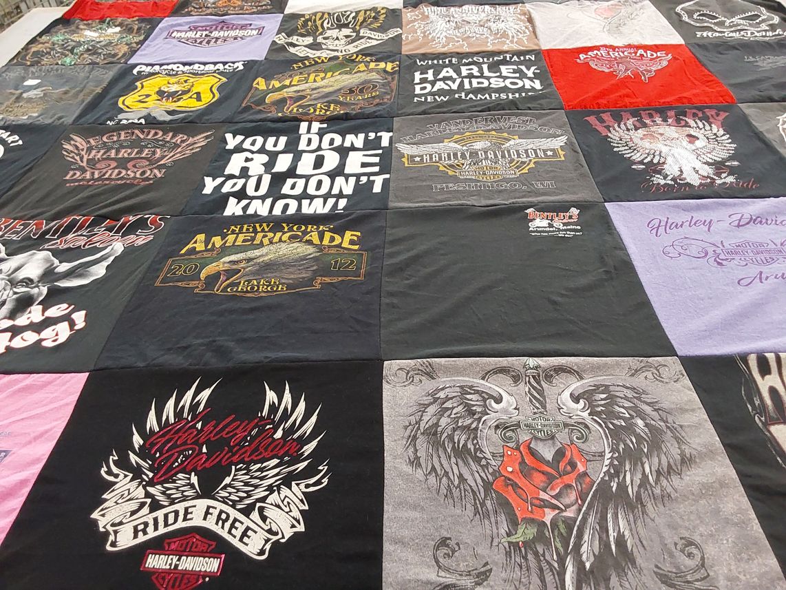 T-shirt quilt with motorcycles, biking themes by JENNIFER from NY