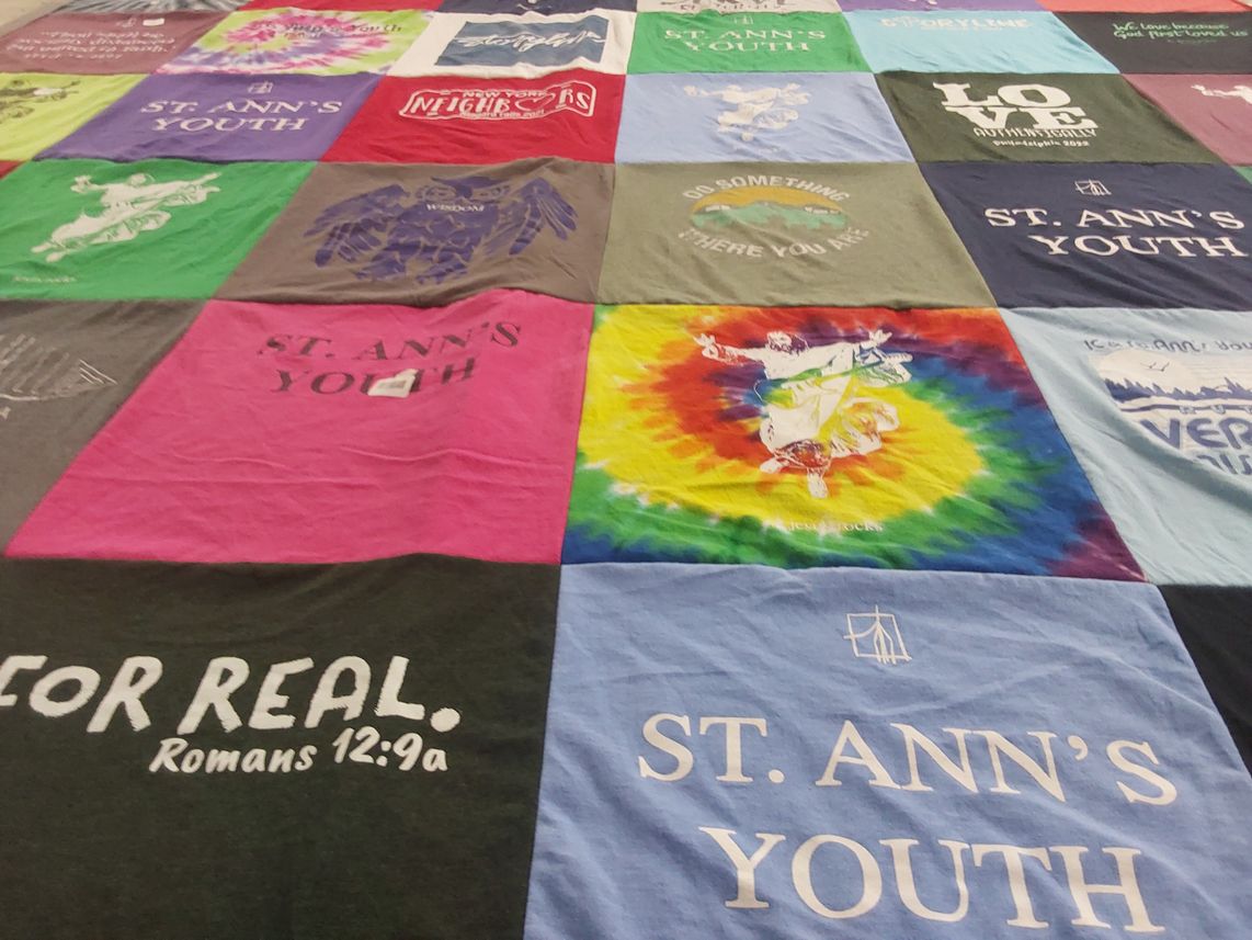 T-shirt quilt with youth activities, religion themes by Corine from NY