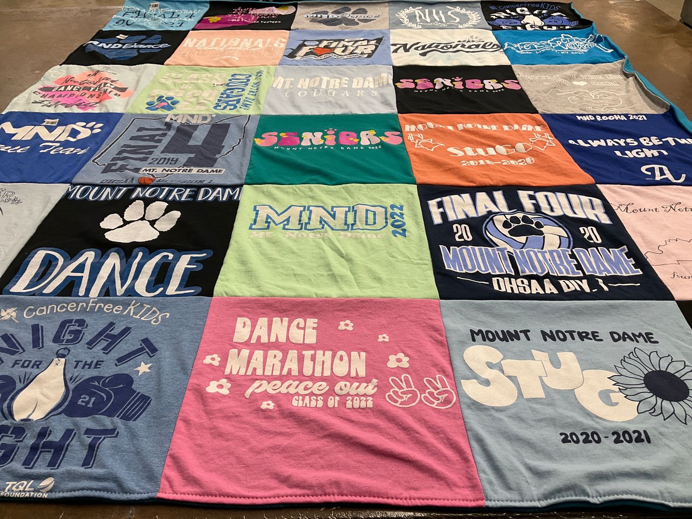 T-shirt quilt from mount notre dame high school by Tina from OH