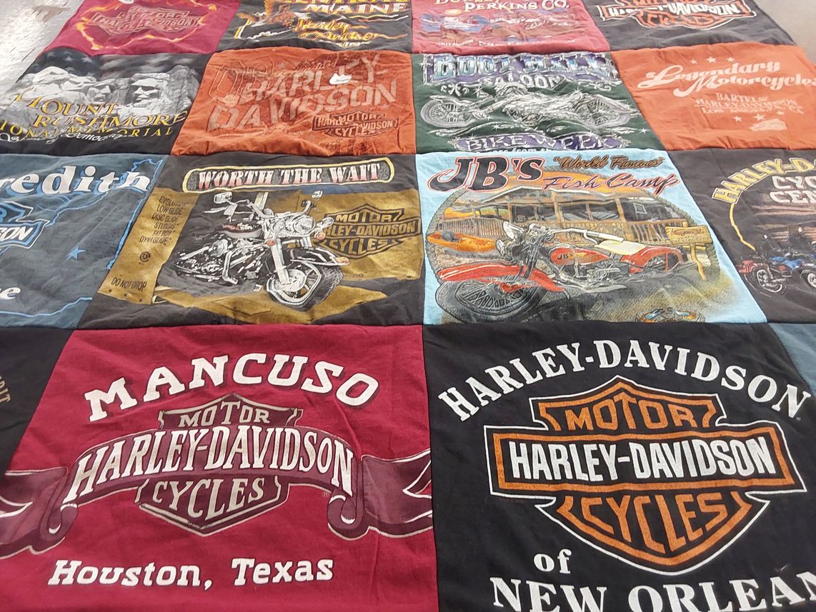 T-shirt quilt with motorcycles, biking themes by Cecile from NH