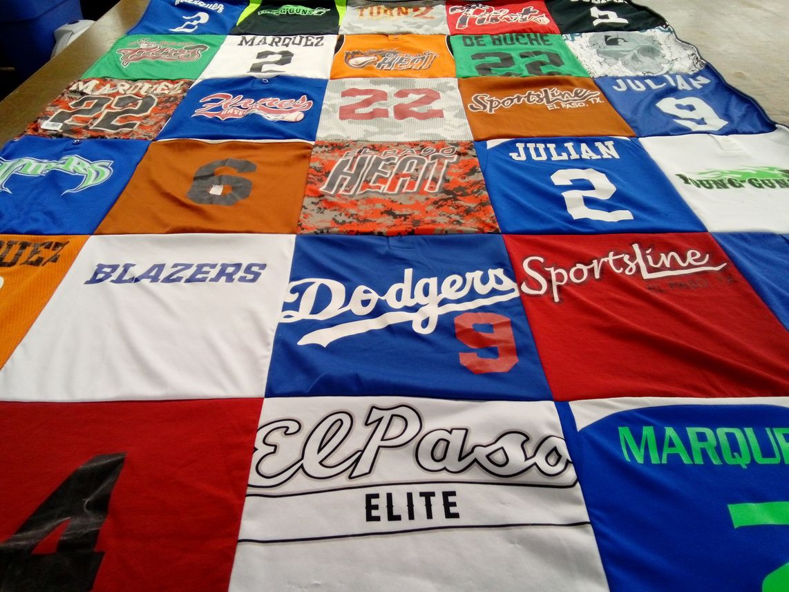 T-shirt quilt featuring dodgers, blazers by Aide from TX