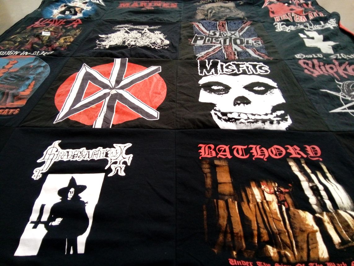 T-shirt quilt with music, heavy metal themes by Theresa from MI