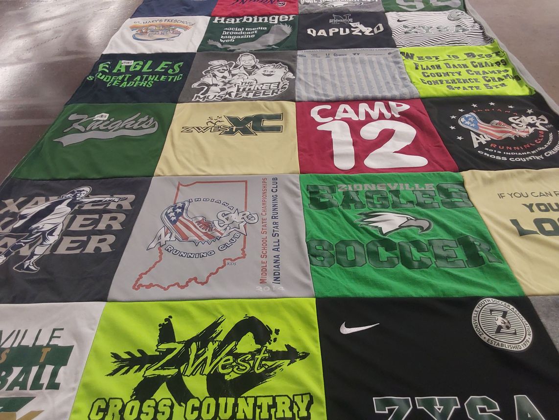 T-shirt quilt featuring zionsville eagles soccer team, zionsville west cross country team by Cathy from IN