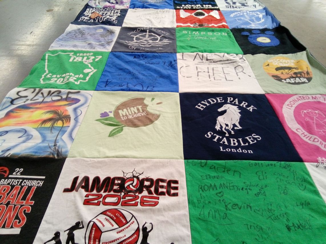 T-shirt quilt with sports, camping themes by Elizabeth from GA