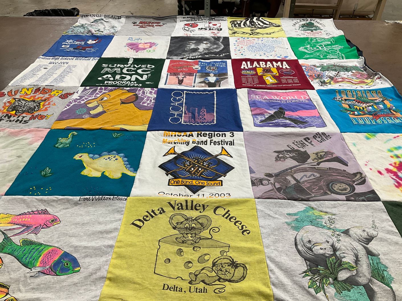 T-shirt quilt with marine life, music themes by Lee from MS