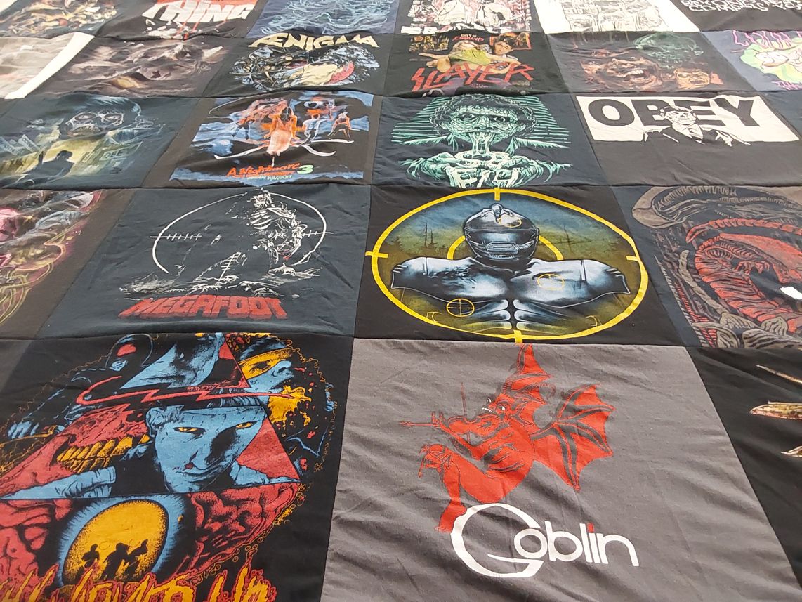 T-shirt quilt with horror movies, music themes by Jonathan from CA