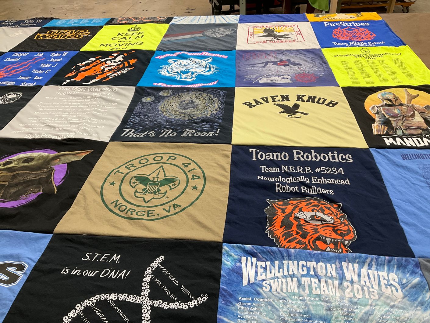 T-shirt quilt featuring wellington waves swim team, toano robotics by Christine from VA