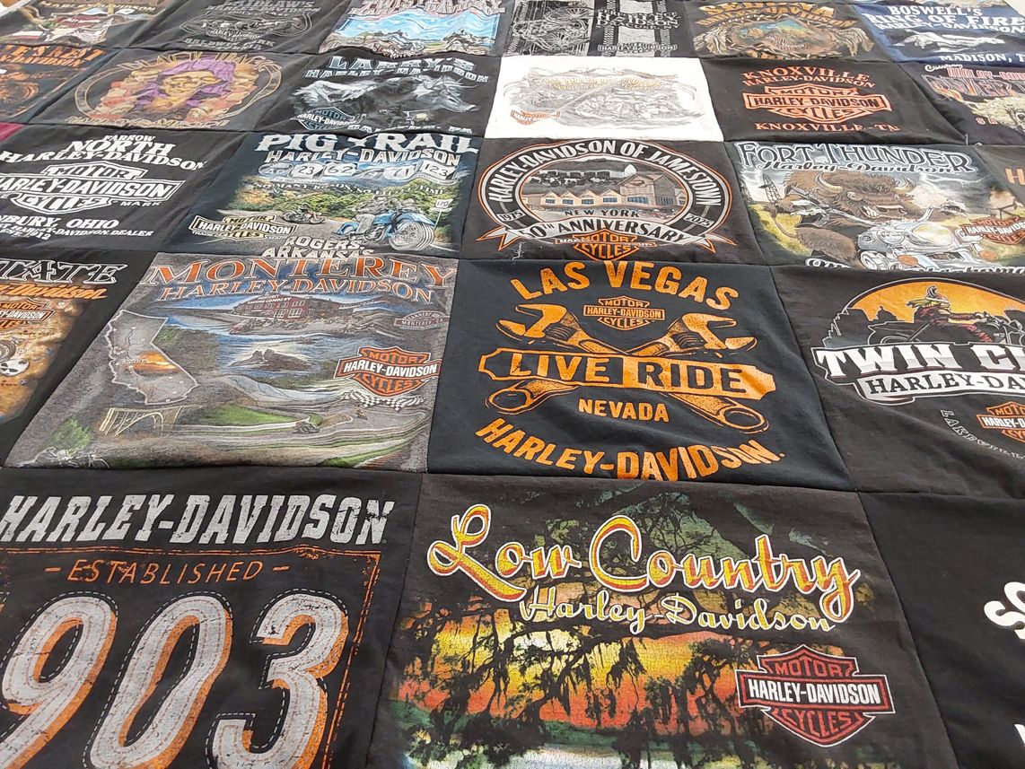 T-shirt quilt with motorcycles, biking themes by Carolyn from TX